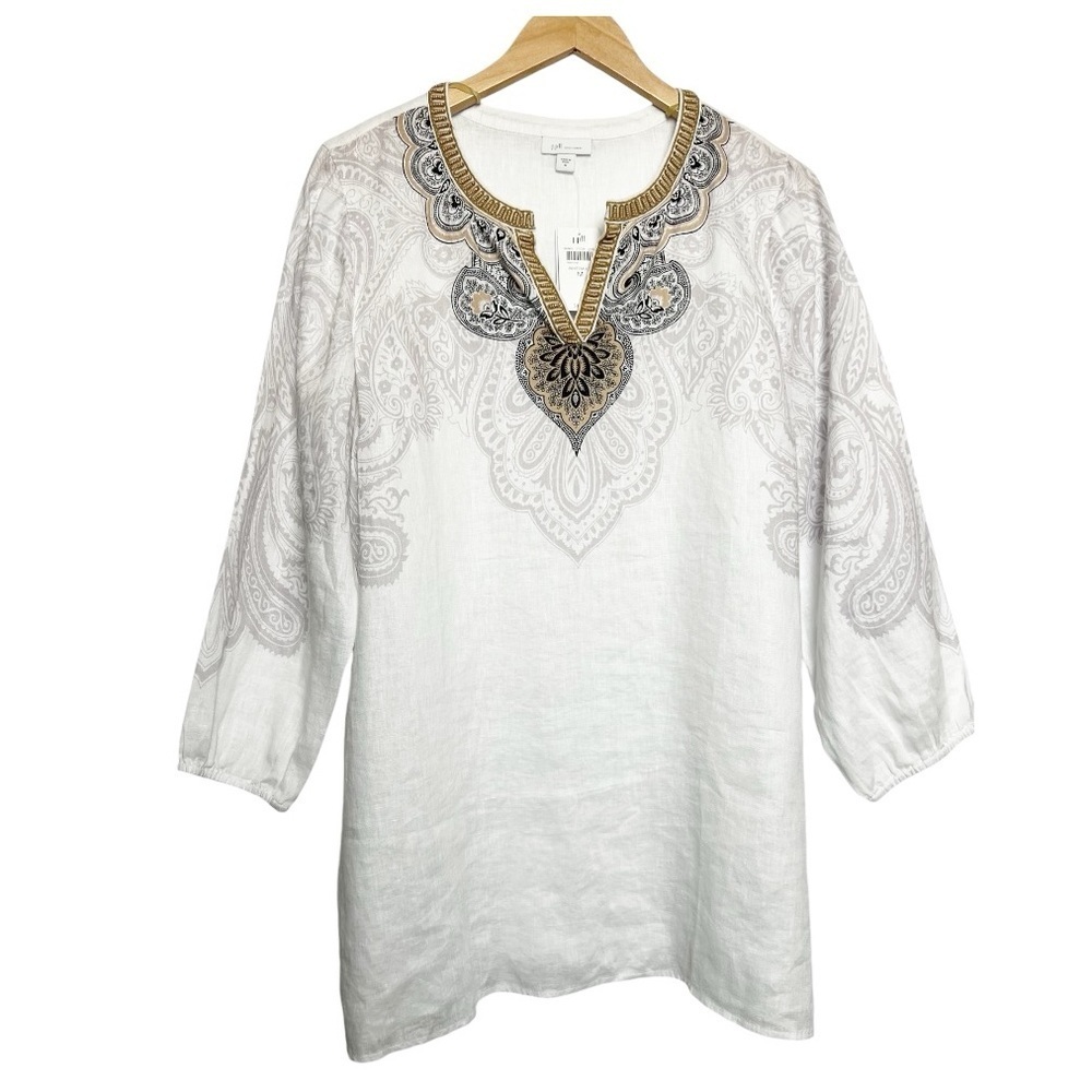 NWT J.Jill Love Linen White Tunic Paisley Trim Beading resort Medium - Picture 1 of 9